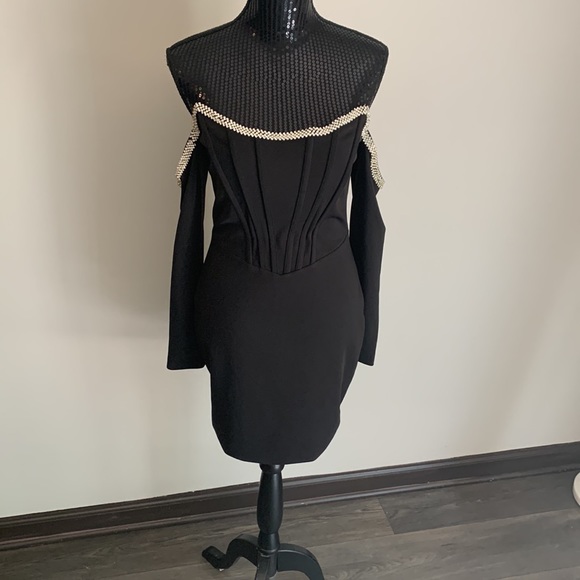 Miss Circle Annika Black Off Shoulder Long Sleeve Corset Dress w/ Crystal trim - Picture 9 of 17